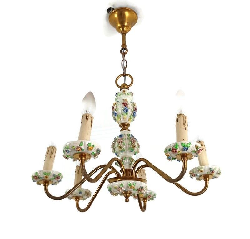 Italian Chandelier Porcelain Lots Of 3d Flowers Romantic Capodimonte Style  Vint