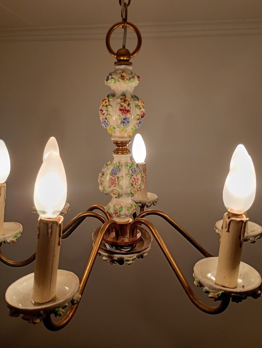 Italian Chandelier Porcelain Lots Of 3d Flowers Romantic Capodimonte Style  Vint photo vintage