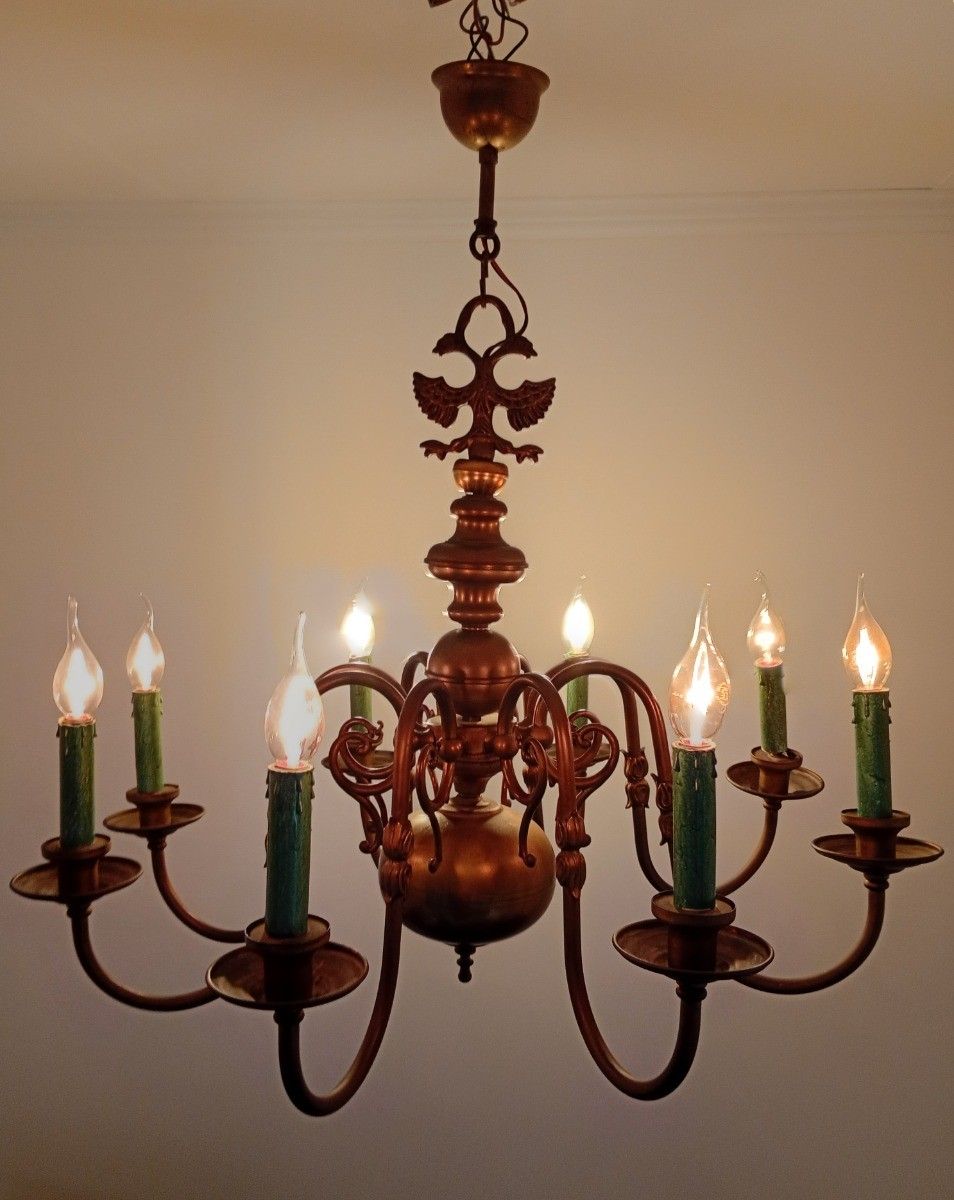 photo for sale Flemish Dutch  Chandelier 8 Arms Lights Brass  Eagles Vintage Barn Farmhouse Sty