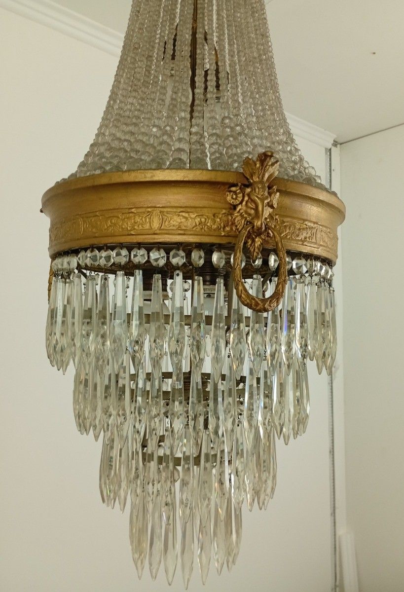 Gorgeous Sac O Perles French Empire Bag Chandelier Crystal Brass  Wedding 6 Ligh photo vinterior
