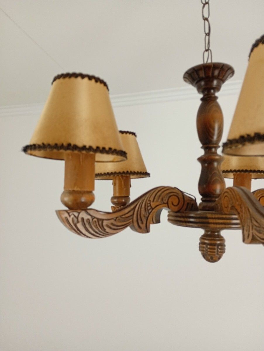 Gorgeous Carved Wooden Wood Chandelier Vintage 5 Lights Fixture Farmhouse Style photo vinterior