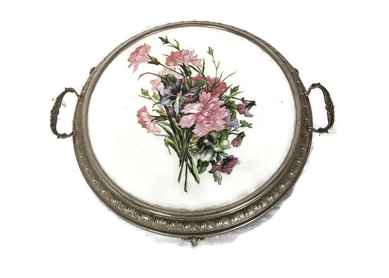 Stunning Art Nouveau Cake Stand Pedestal Dish Ornate Handles  Enamel