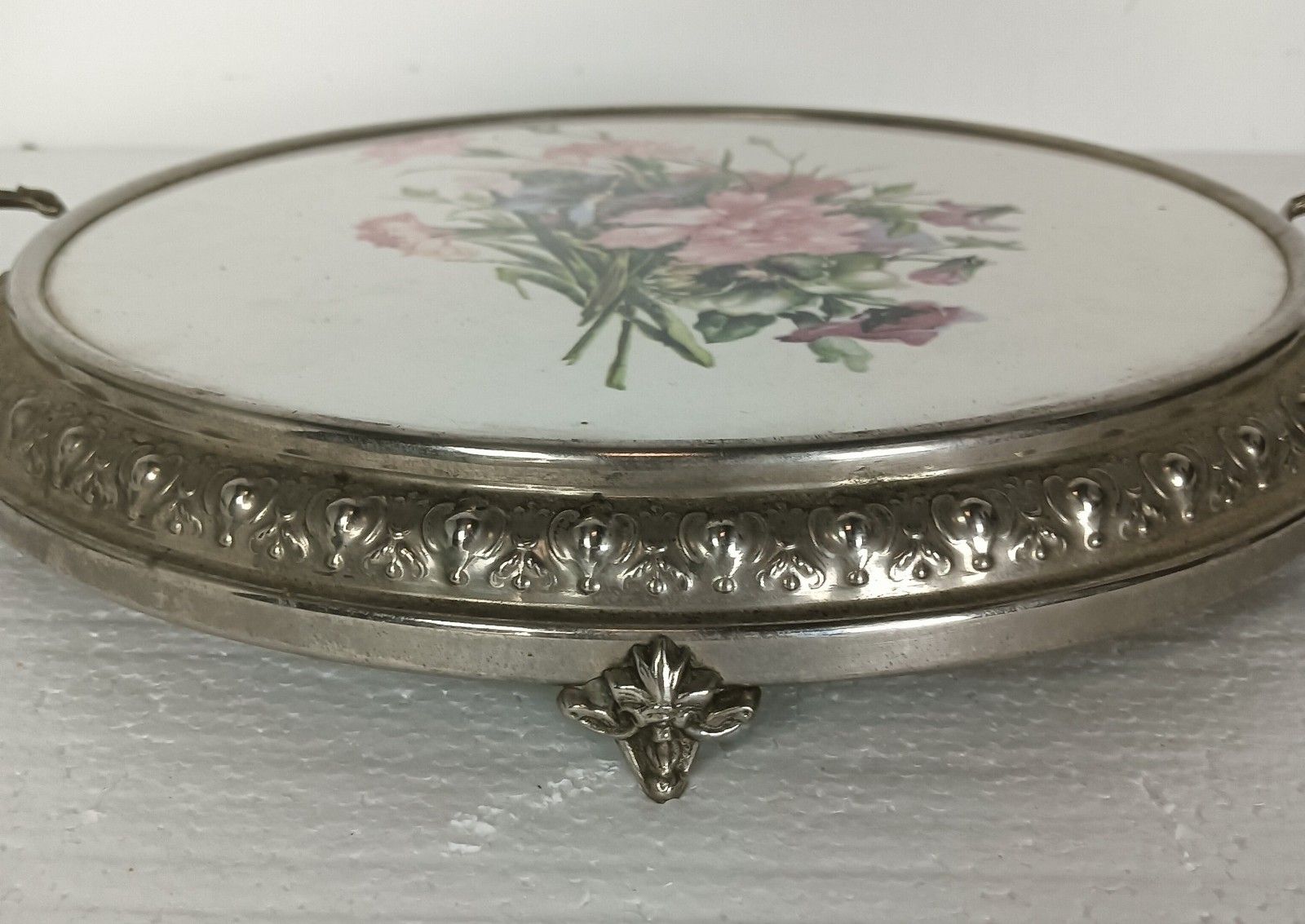 Stunning Art Nouveau Cake Stand Pedestal Dish Ornate Handles  Enamel photo vinterior