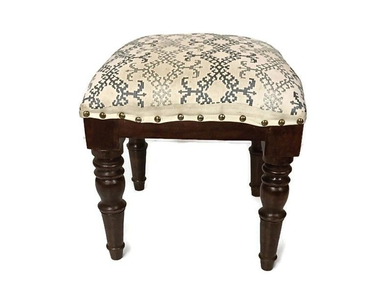 Vintage Footstool Ottoman  Wood Foot Rest 20th Century Hobnails Fabric