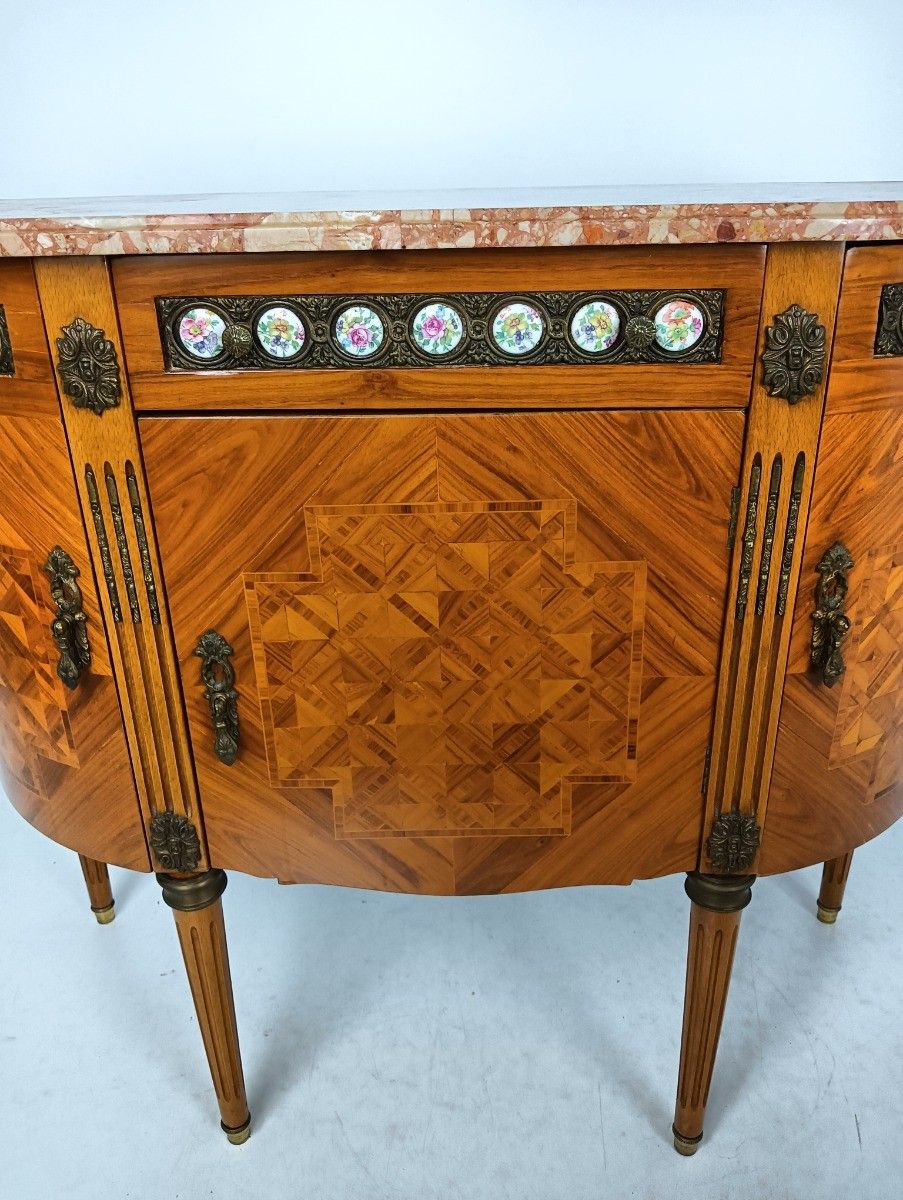 Cabinet Wood Marble Top Inlay Marquetry Brass Trims Medallions Commode Cabinet V photo for sale