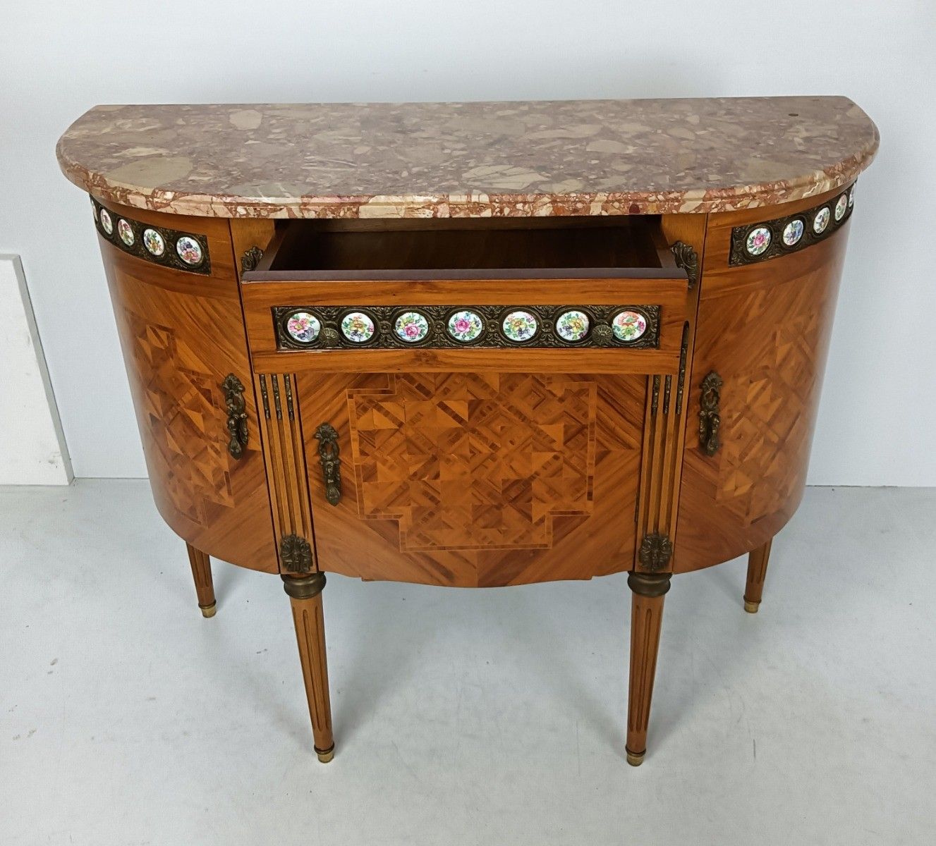Cabinet Wood Marble Top Inlay Marquetry Brass Trims Medallions Commode Cabinet V photo vintage