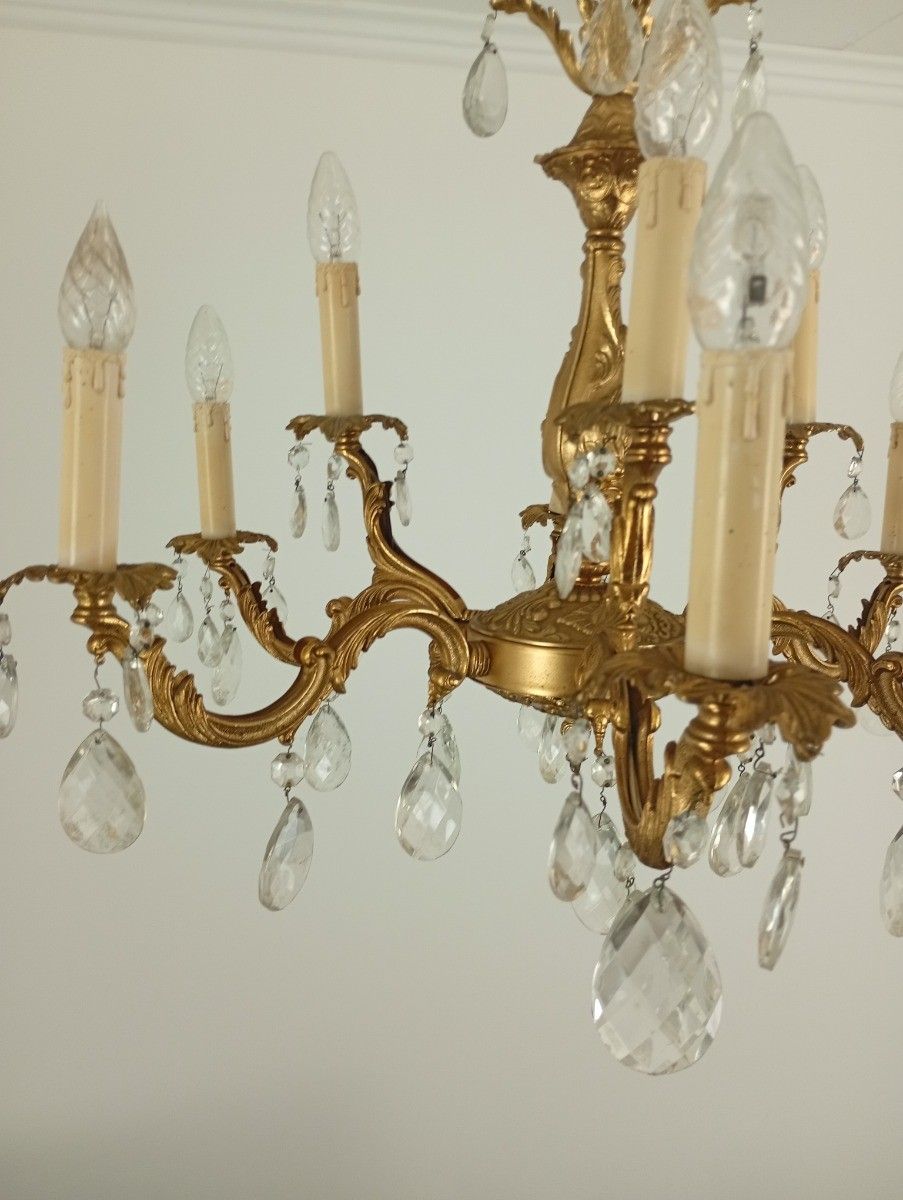 Lovely Vintage Chandelier French Hollywood Regency Style Brass Art Glass Prisms photo furniture