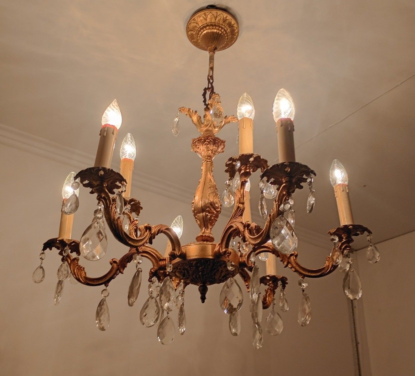 Lovely Vintage Chandelier French Hollywood Regency Style Brass Art Glass Prisms photo buy
