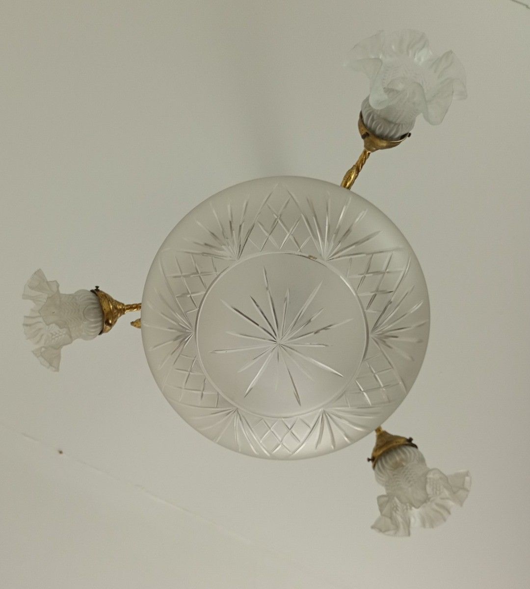 Antique Art Deco Chandelier French Brass & Etched Glass, 1920s Lighting 3 Arm 4 photo vinterior