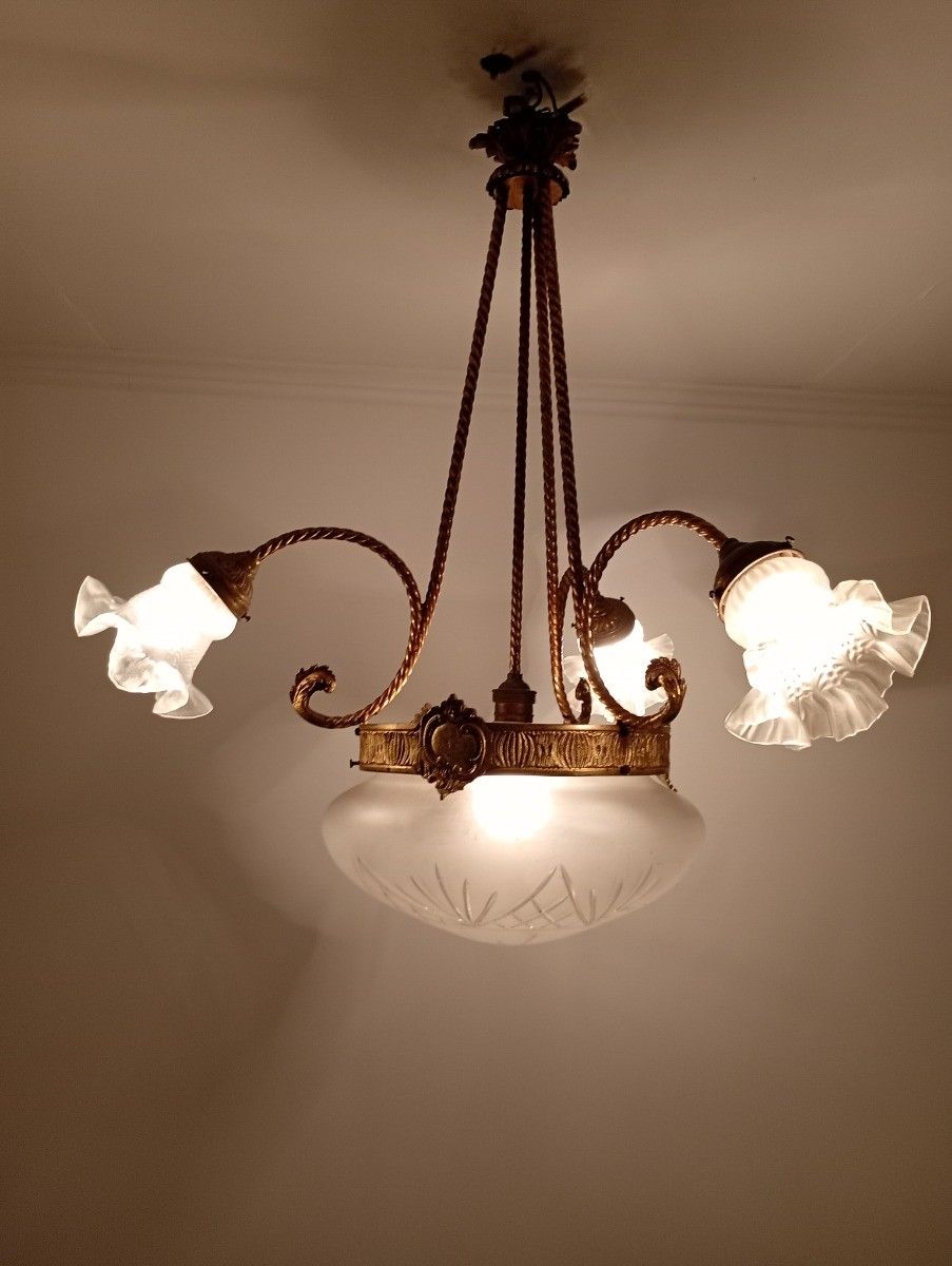 Lighting Antique Art Deco Chandelier French Brass & Etched Glass, 1920s Lighting 3 Arm 4 photo