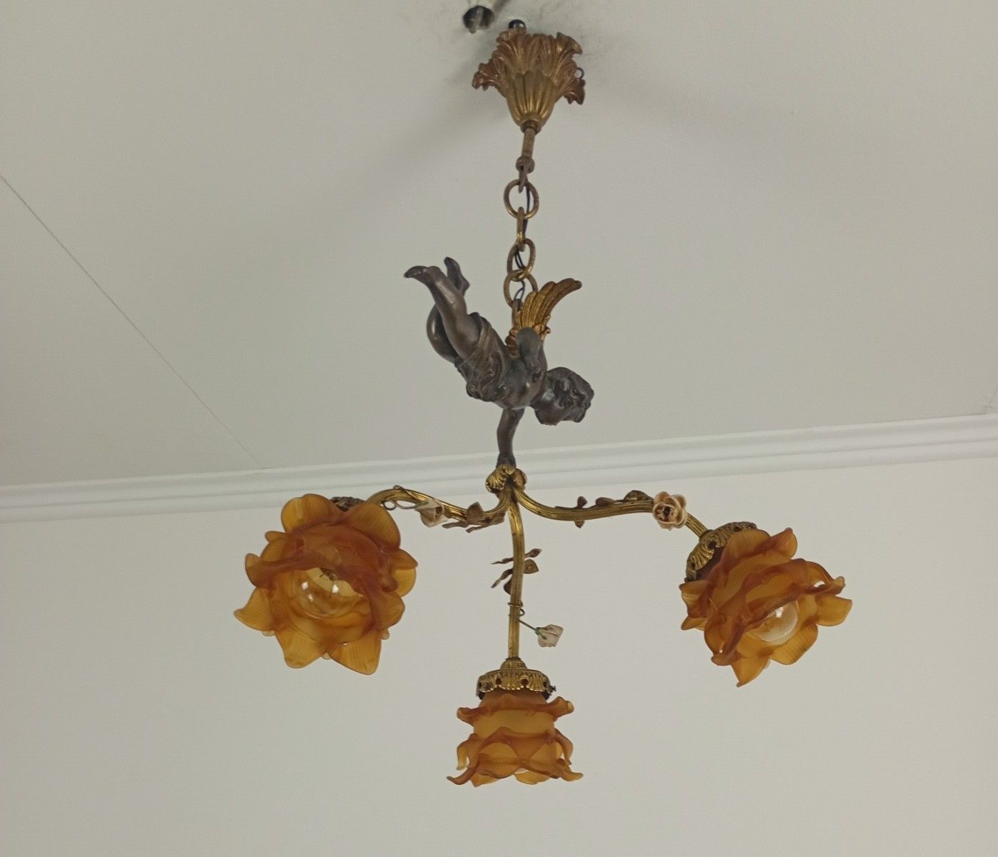 Gorgeous Vintage Chandelier Fixture With 3 Arms Angels With Large Wings Bronze W photo for sale
