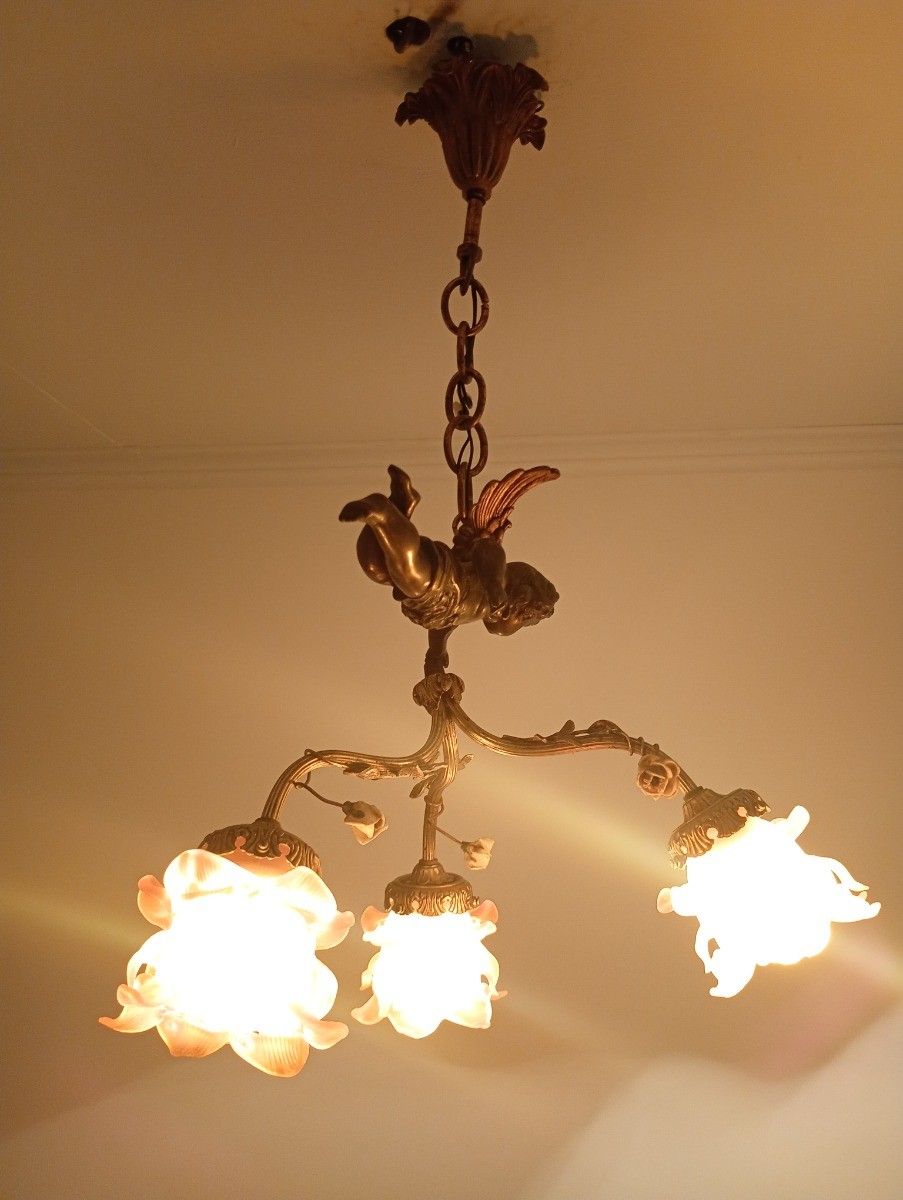Gorgeous Vintage Chandelier Fixture With 3 Arms Angels With Large Wings Bronze W photo vintage