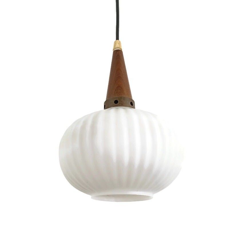 Danish Modernist Chandelier Pendant Teak  Opaline Glass Atomic Louis Kalff  Fixt