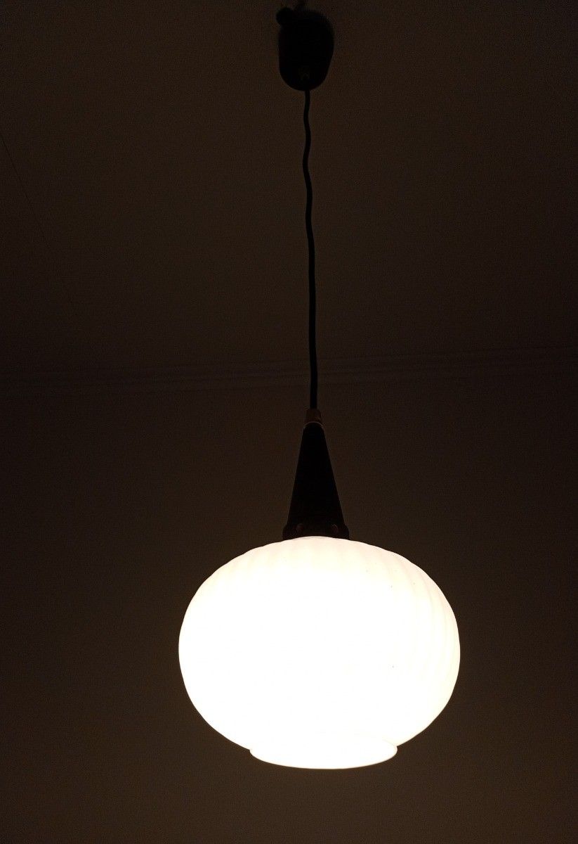 Danish Modernist Chandelier Pendant Teak  Opaline Glass Atomic Louis Kalff  Fixt photo vinterior