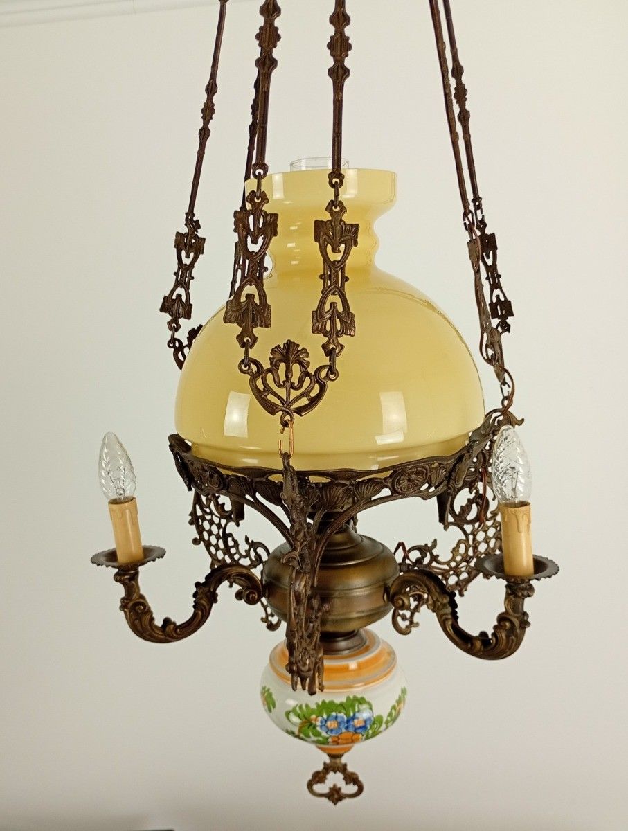 Lampe Belge Antique Chandelier Yellow Glass Shade Brass 4 Lamps Porcelain Gorg photo furniture