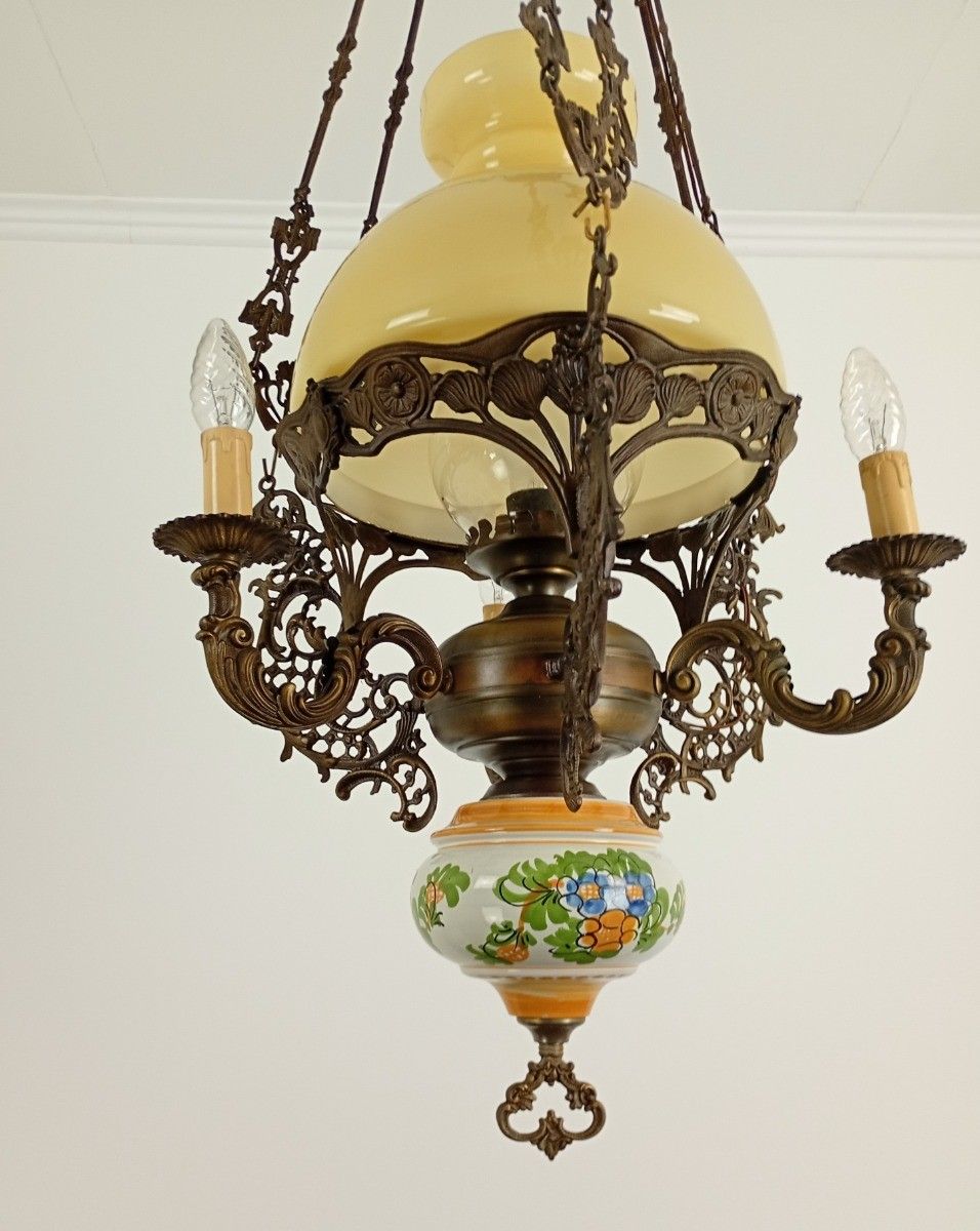 Lampe Belge Antique Chandelier Yellow Glass Shade Brass 4 Lamps Porcelain Gorg photo vinterior