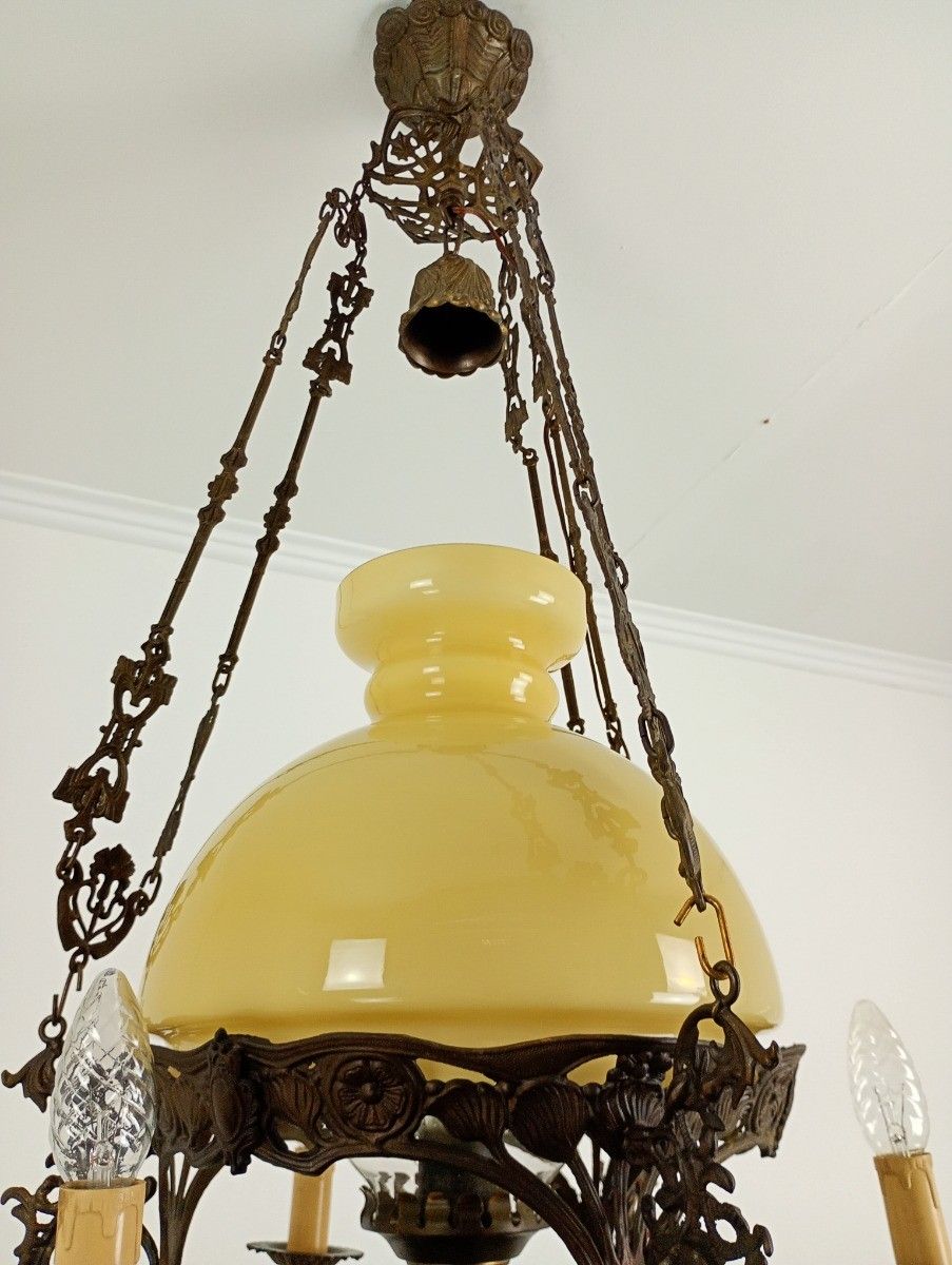 photo for sale Lampe Belge Antique Chandelier Yellow Glass Shade Brass 4 Lamps Porcelain Gorg