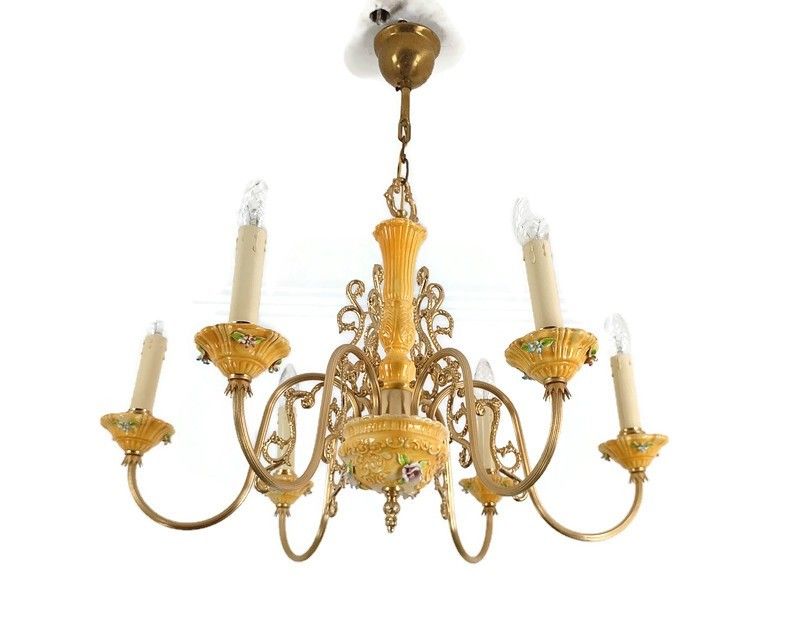 Vintage Chandelier Fixture 6 Arm Lights Porcelain Brass Italian Yellow Brown