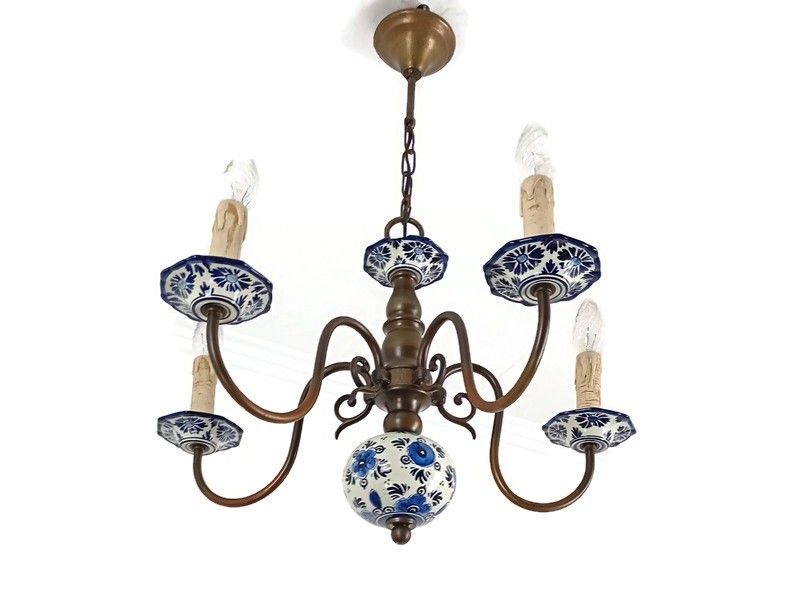 Vintage Delft Blue White Porcelain Brass Chandelier 5 Arm Hand Painted Farmhouse