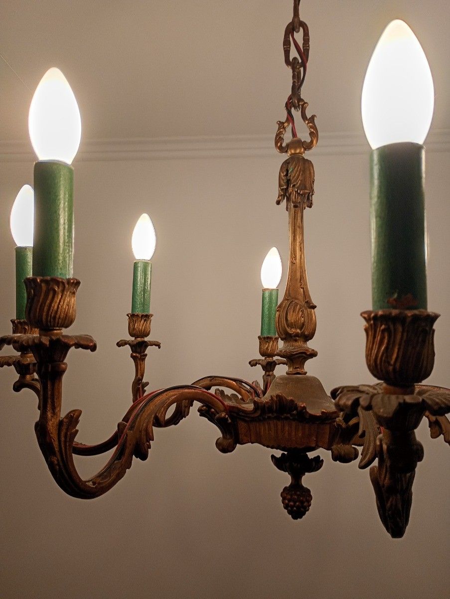 French Brass Hollywood Regency Style Chandelier 8 Arm Lights Ornate Green Candle photo 715.0
