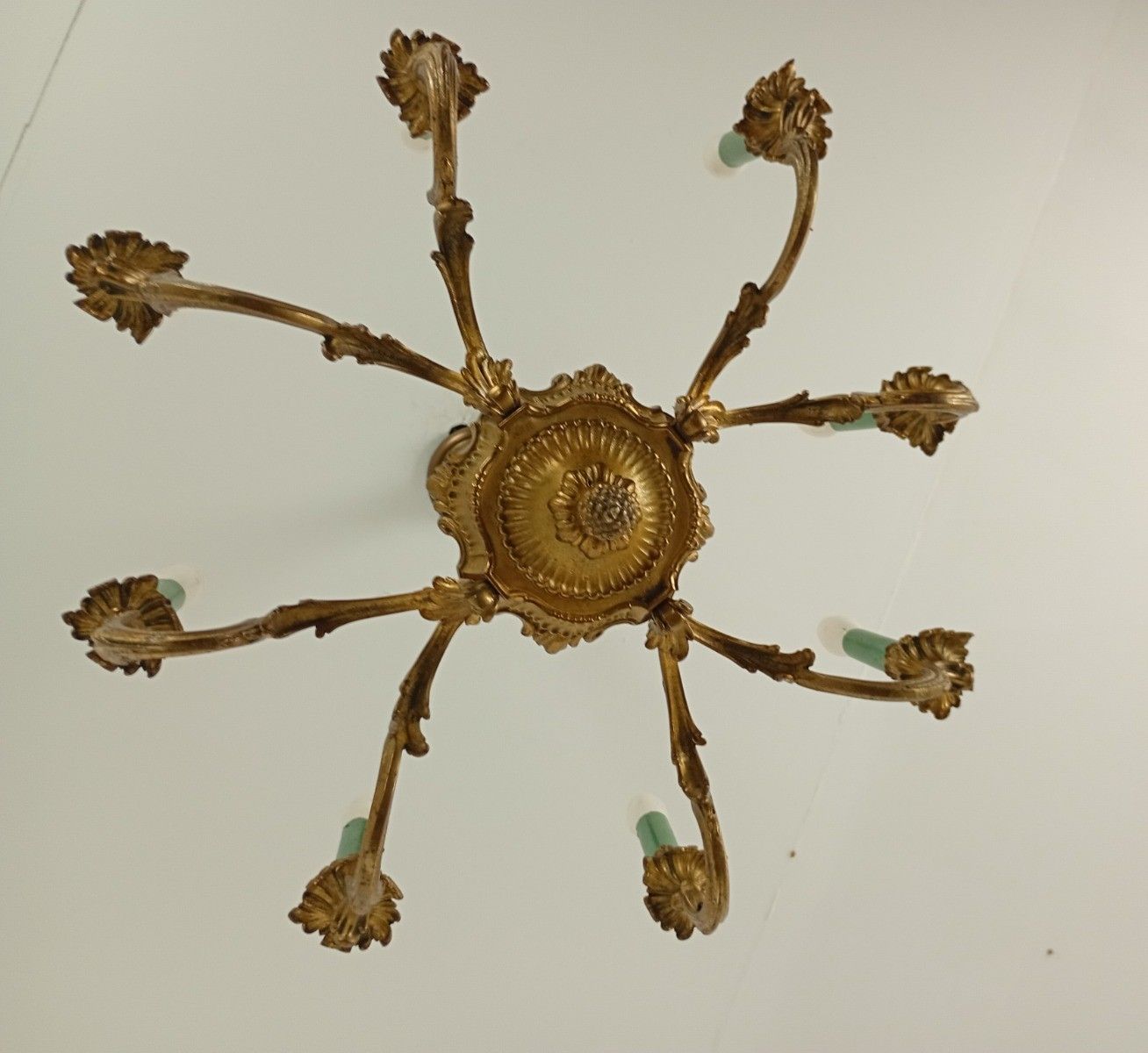 French Brass Hollywood Regency Style Chandelier 8 Arm Lights Ornate Green Candle photo buy