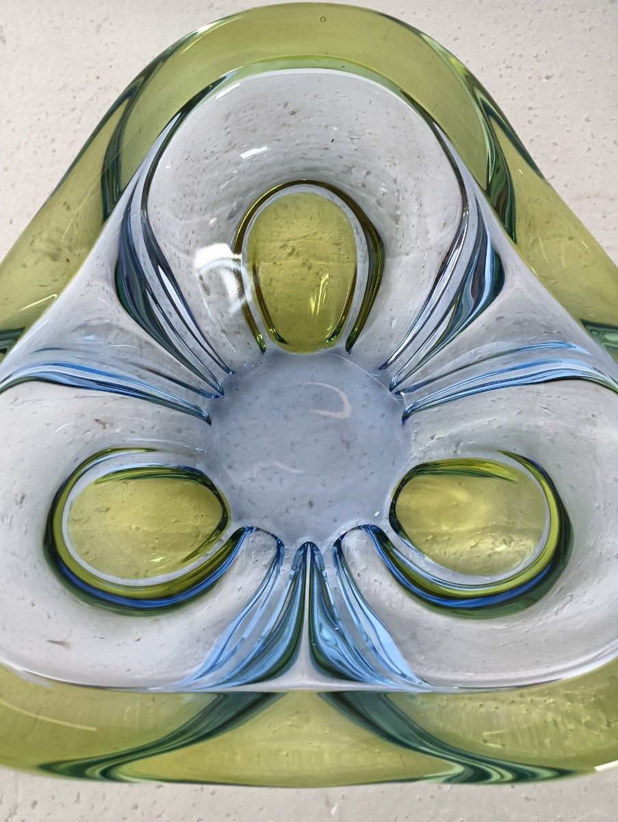Beautiful Vintage Art Glass Murano  Dish Centerpiece Bowl Small Blue Green photo furniture