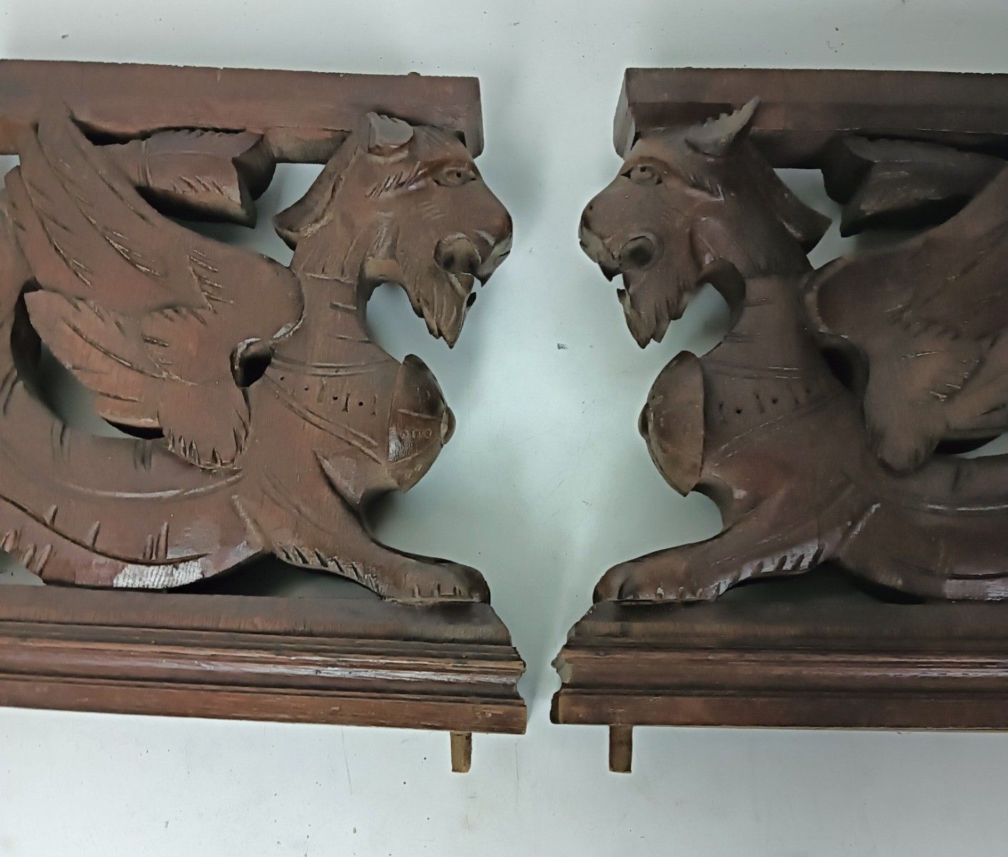 Couple  French Corbels Dragons Hand Carved Wood Brackets Gothic Architectural He photo furniture