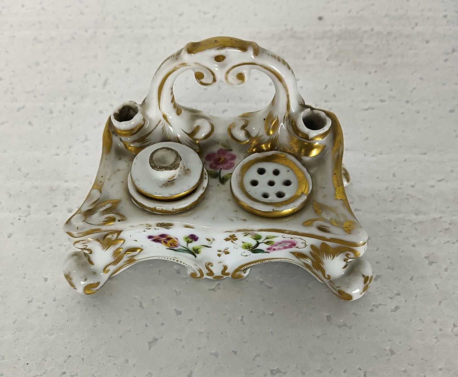 Beautiful Antique Small Ink Pot Porcelain Hand Painted Meissen Style photo vinterior