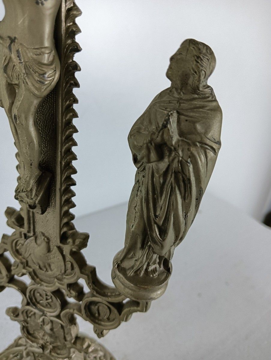 Standing Crucifix Cross Saint John Saint Mary Magdalene Golgotha Apostles Spelte photo vintage