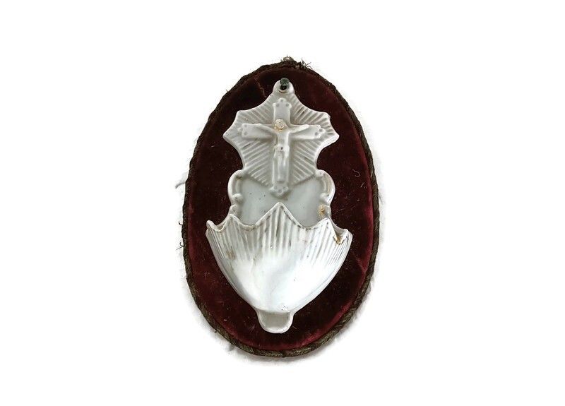 Antique Bisque Porcelain White Vessel Holy Water Font Crucifixion On Velvet Wood
