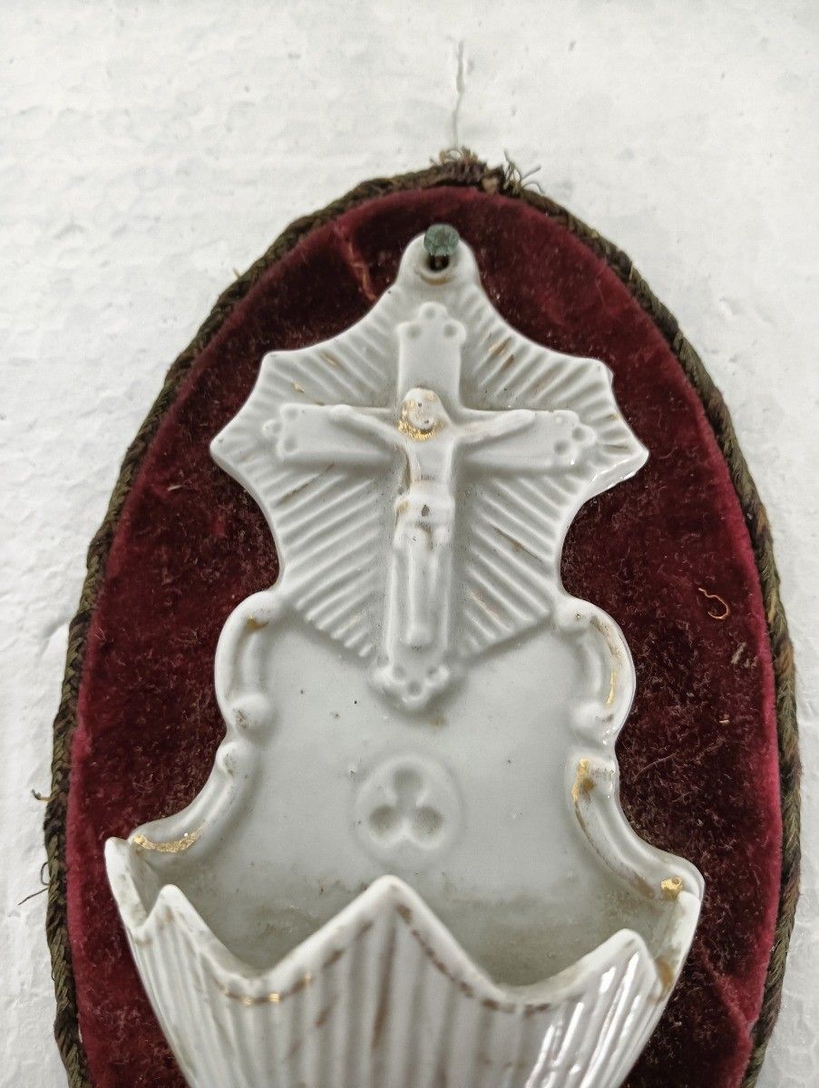 Antique Bisque Porcelain White Vessel Holy Water Font Crucifixion On Velvet Wood photo for sale