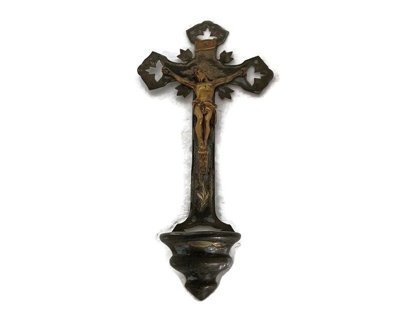 Antique Lovely Brass Ornate Holy Water Font Vessel Crucifixion Very Special Wall