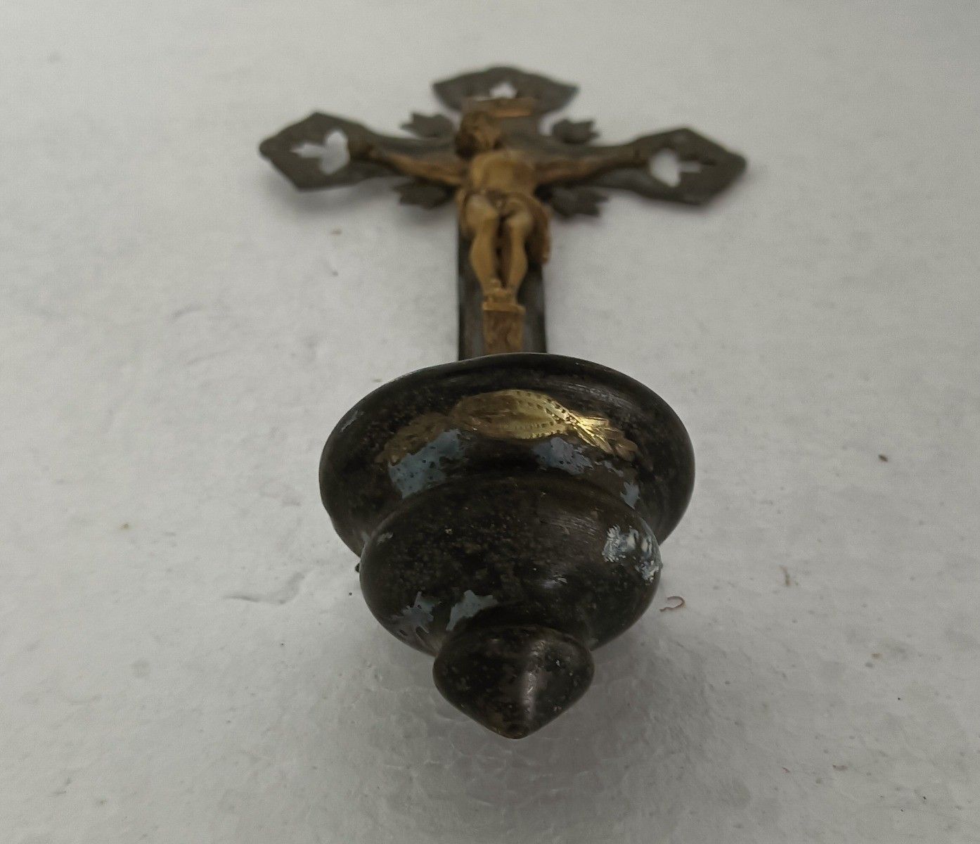 Antique Lovely Brass Ornate Holy Water Font Vessel Crucifixion Very Special Wall photo for sale