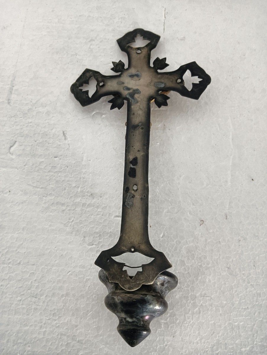 Antique Lovely Brass Ornate Holy Water Font Vessel Crucifixion Very Special Wall photo vinterior