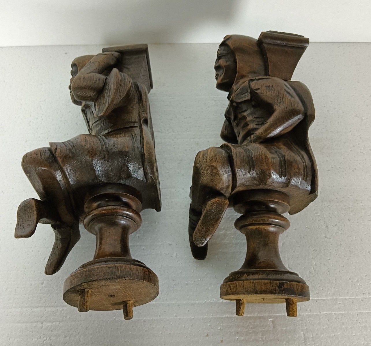 Pair Corbels Hand Carved Wood Panels Architectural Reclaimed Figurines Soldiers photo buy