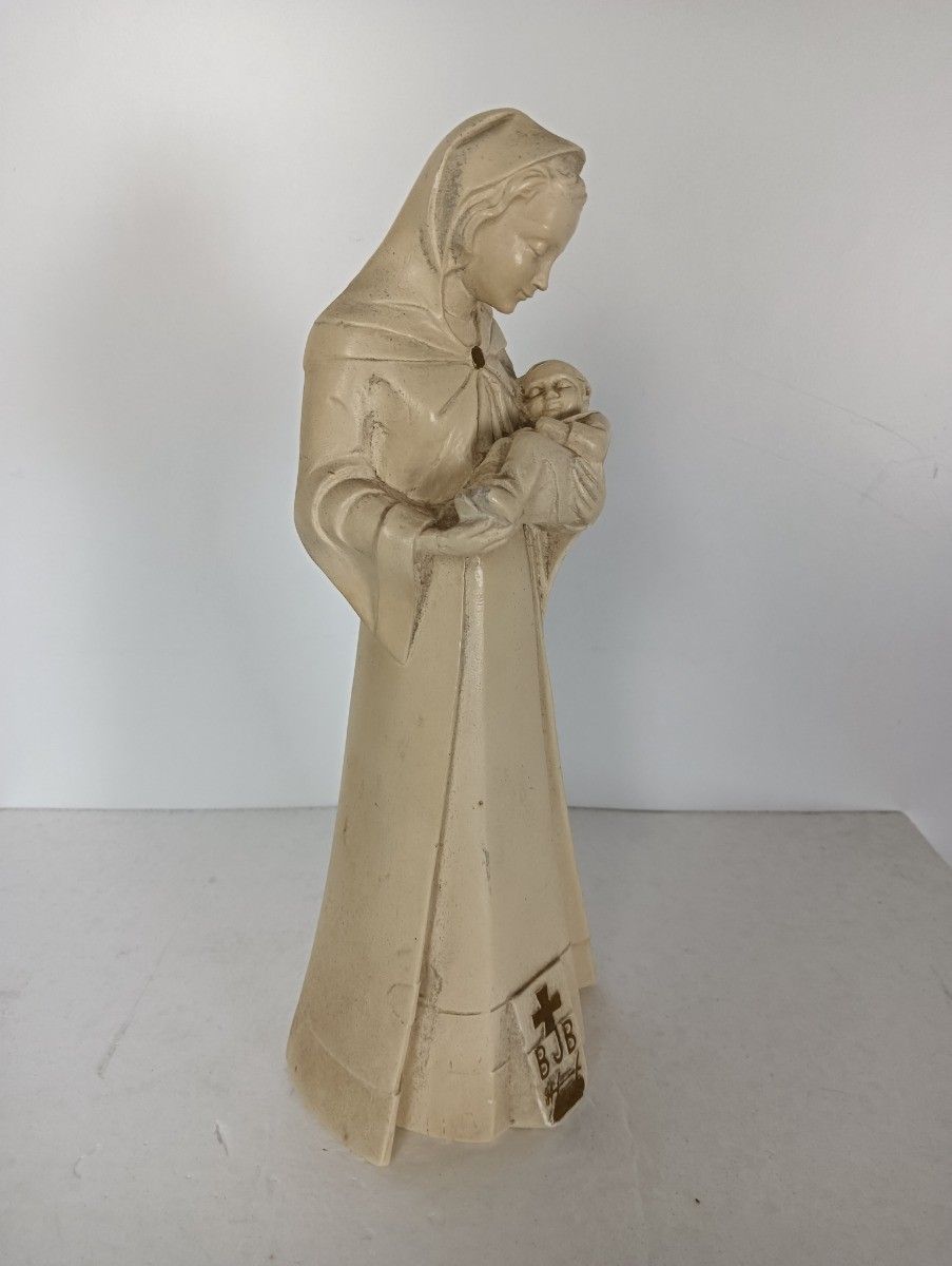 Art Deco Statue Virgin Mary Madonna With Infant Plaster Tenderness Bjb Collector photo vinterior