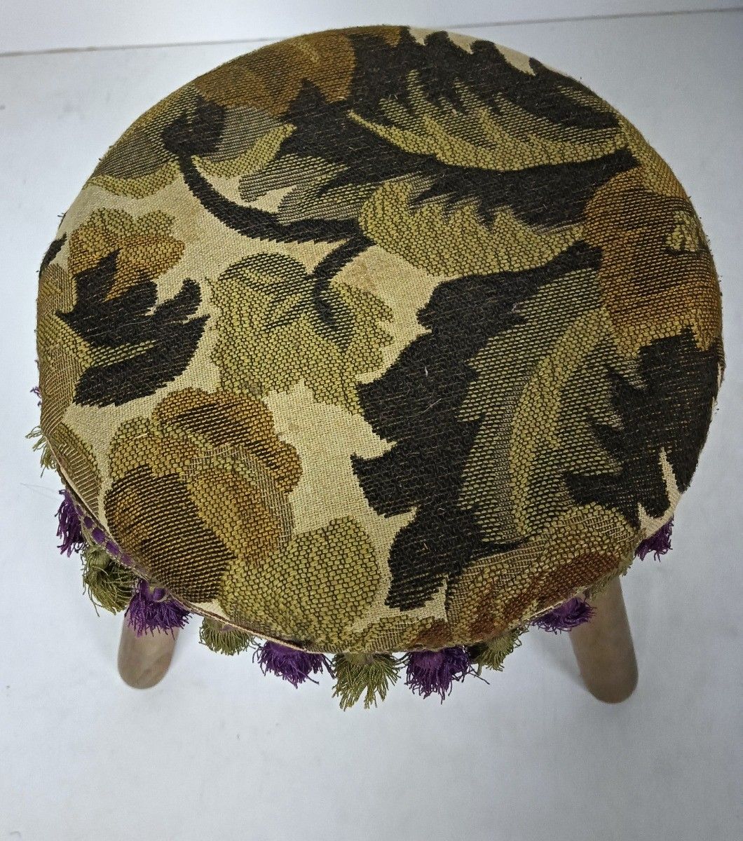 Hand Carved Wood Milking Stool Pedestal Table Pedestal Barn Style With Fabric On photo Furniture