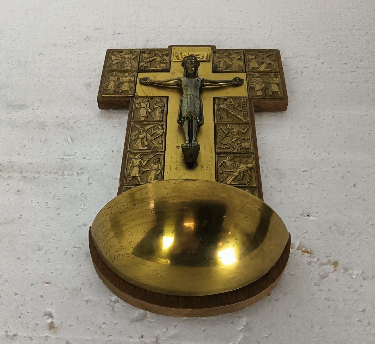 Large Holy Water Font Vessel Wall Hanging Antique Modernist Hammered Copper On W photo for sale