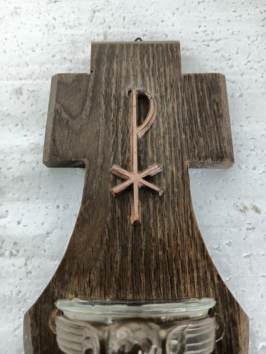 Holy Water Font Vessel Wall Hanging Antique Wood Copper Angels Lovely photo 107.0