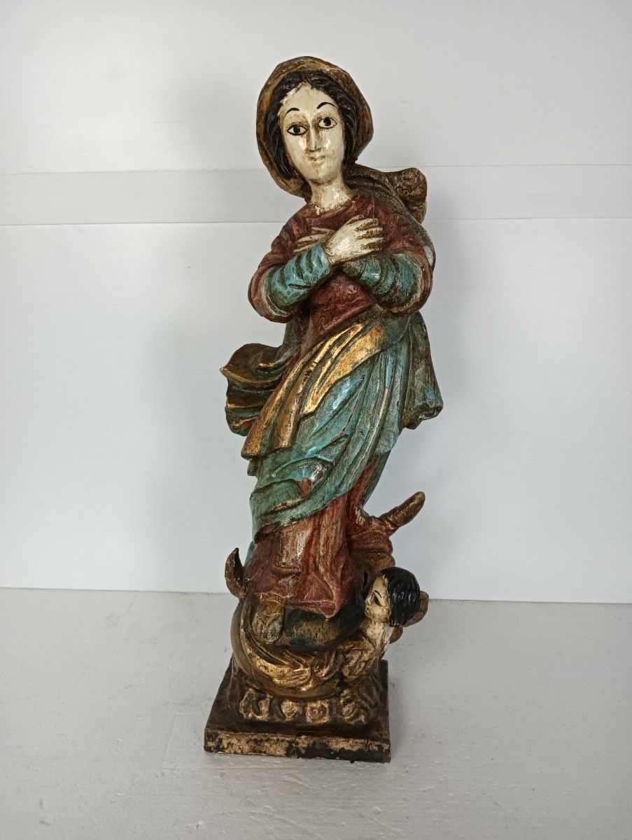 Antique Spanish Wood  Statue Madonna Polychrome Virgin Mary photo furniture