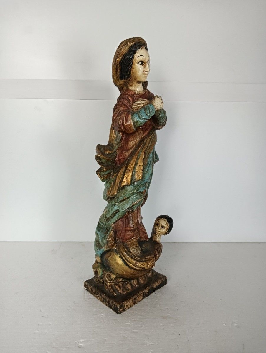 Antique Spanish Wood  Statue Madonna Polychrome Virgin Mary photo Art