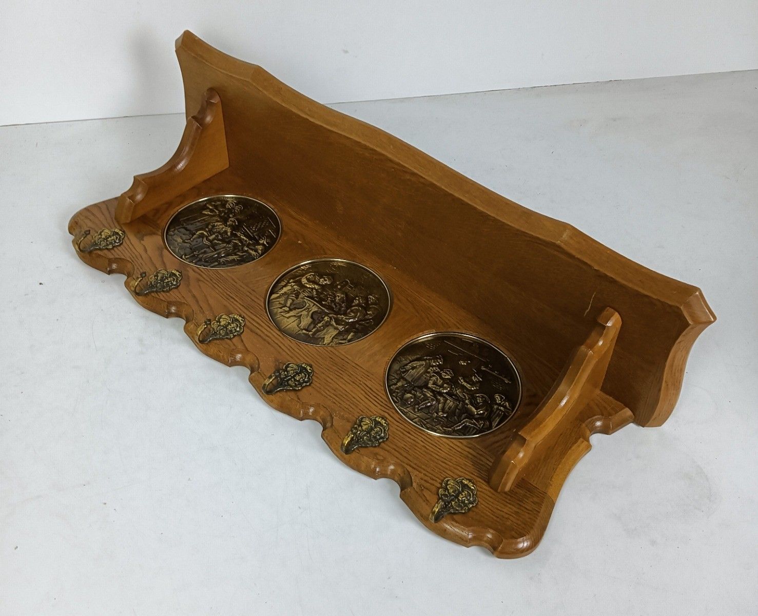 Hand Carved Wood Coat Hat Rack Breughel Style Brueghel Brass Plaques Vintage photo buy