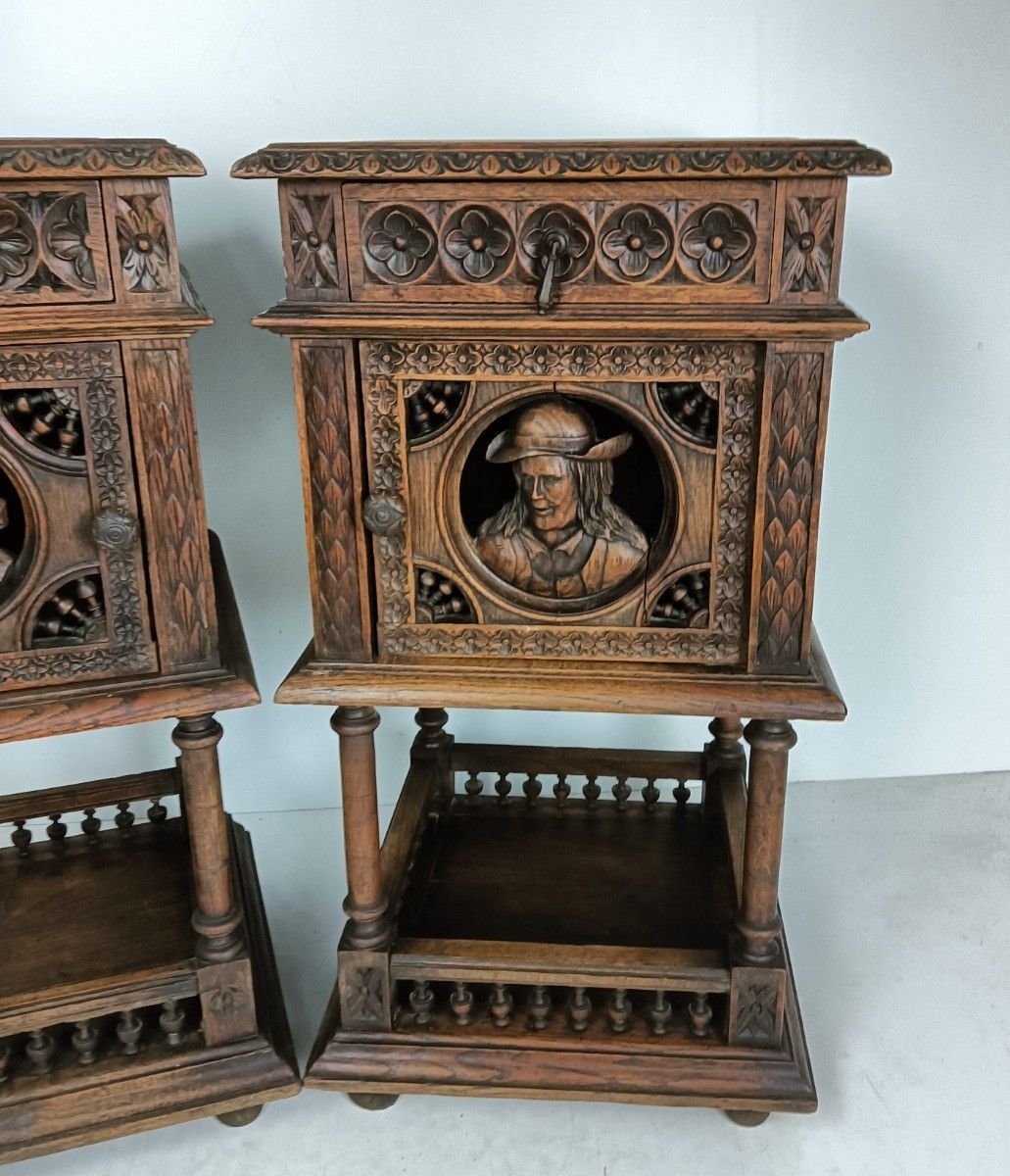 Antique Hand Carved Wood Breton France Nightstands End Tables Bedroom Cabinets W photo for sale