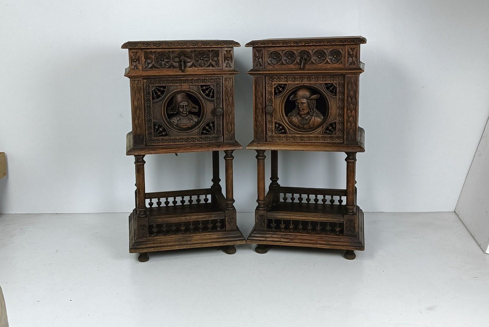 Antique Hand Carved Wood Breton France Nightstands End Tables Bedroom Cabinets W photo 3578.0