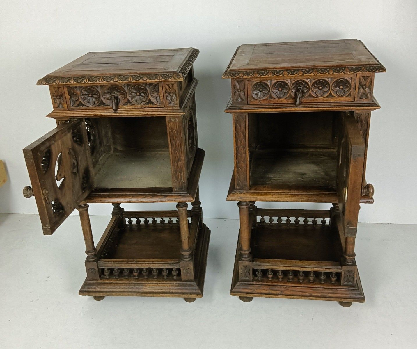 Antique Hand Carved Wood Breton France Nightstands End Tables Bedroom Cabinets W photo vintage