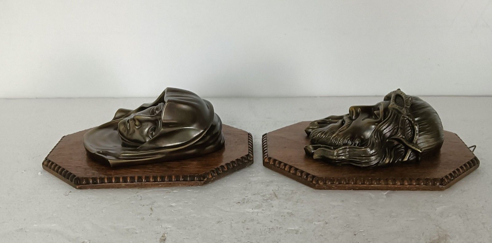 Antique Art Deco Couple Wall Hangings Jesus Christ Head Of Thorns Virgin Mary Wo photo for sale