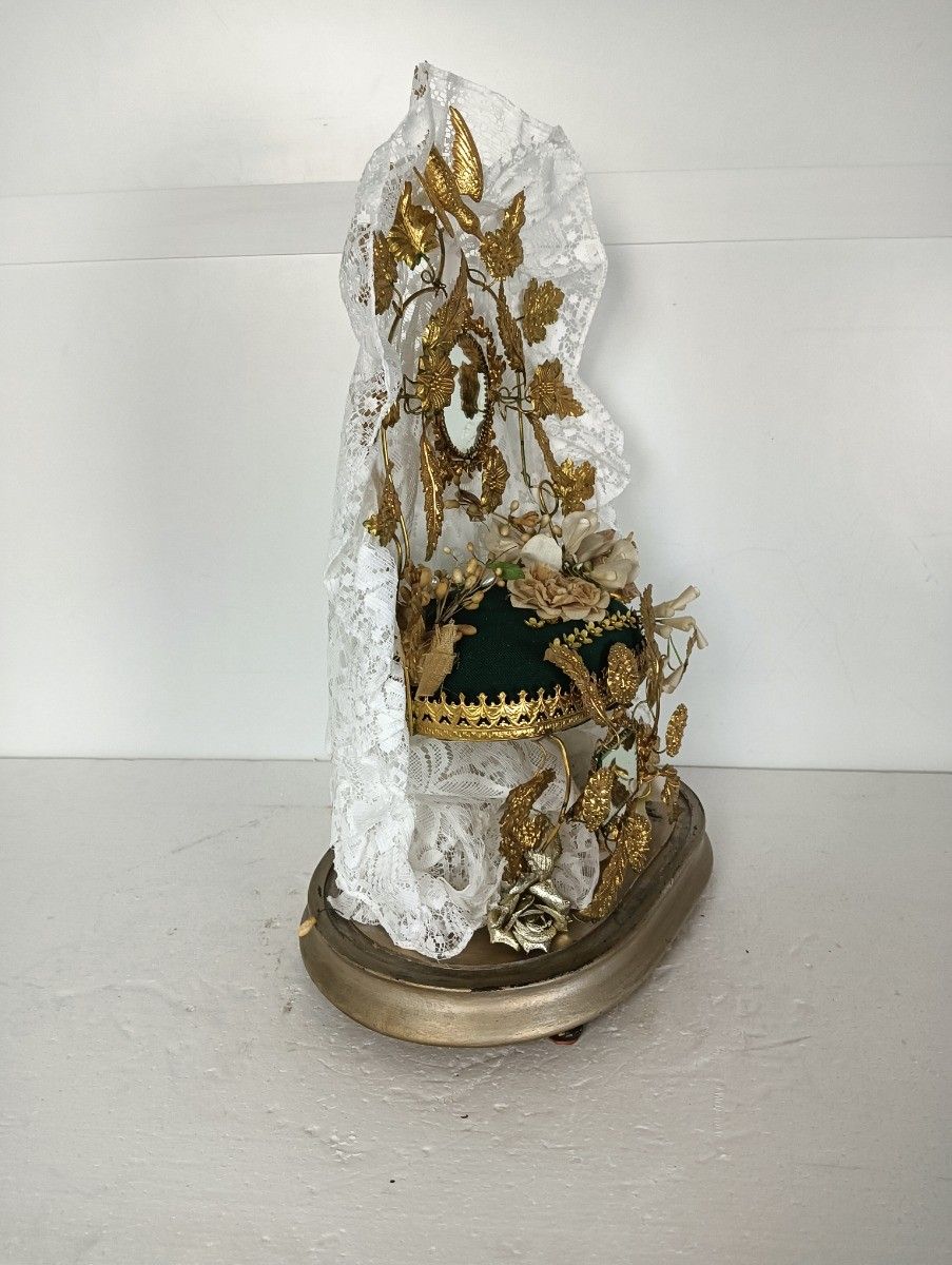 Oval Antique 1800s Victorian French Bridal Wedding Dome Gold Ormulu Gilt Leafs F photo vintage