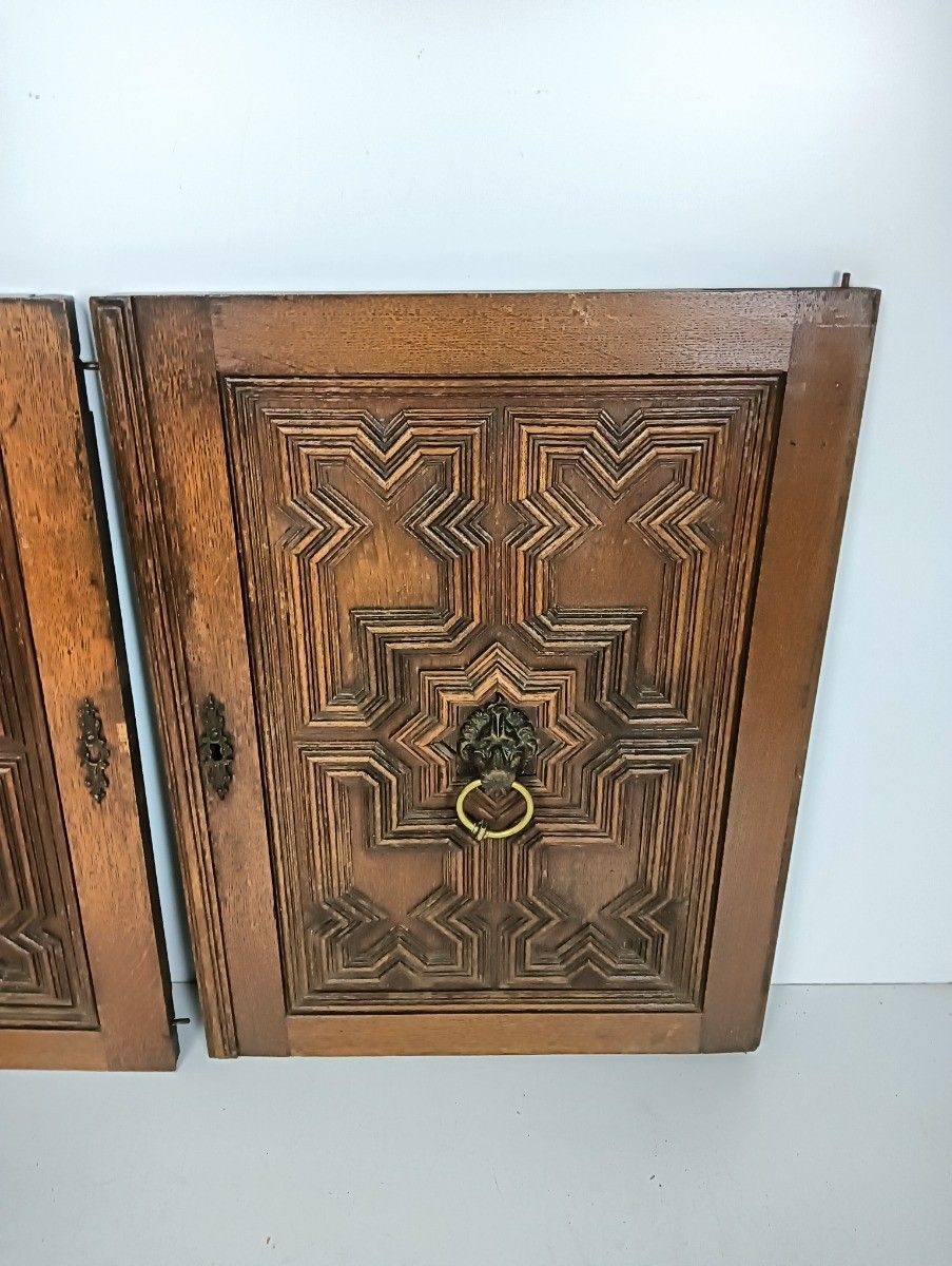 Antique Cabinet Doors Pair Ornate Carved Wood Lion Heads Rings Reclaimed Archite photo for sale