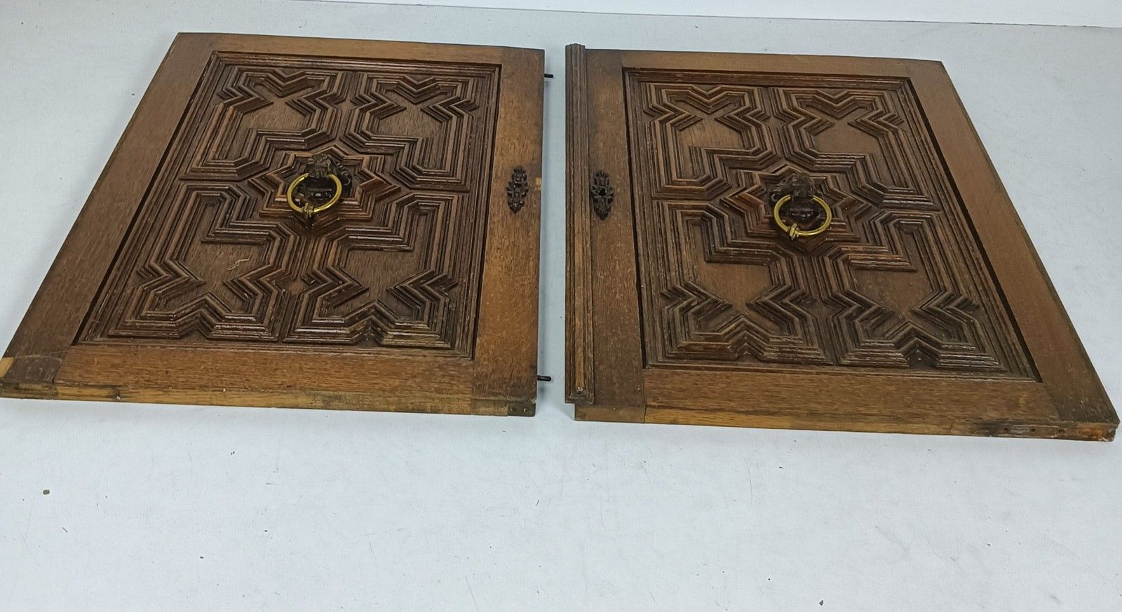 Antique Cabinet Doors Pair Ornate Carved Wood Lion Heads Rings Reclaimed Archite photo vintage