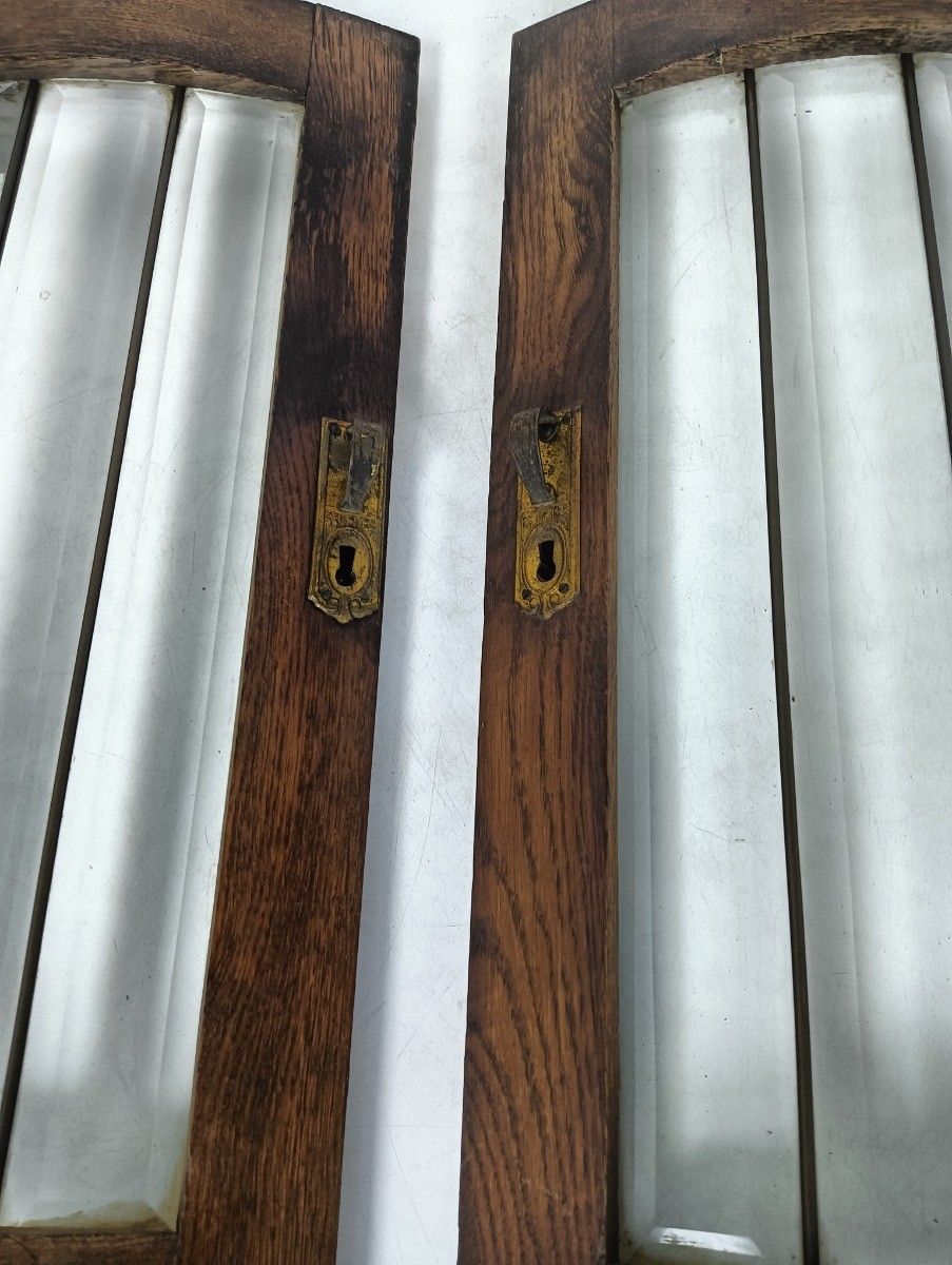 Antique Small Cabinet Doors Pair Beveled Glass Carved Wood Bentwood Wow photo vinterior